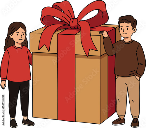 Children standing beside large gift box with red bow and ribbon vector illustration 