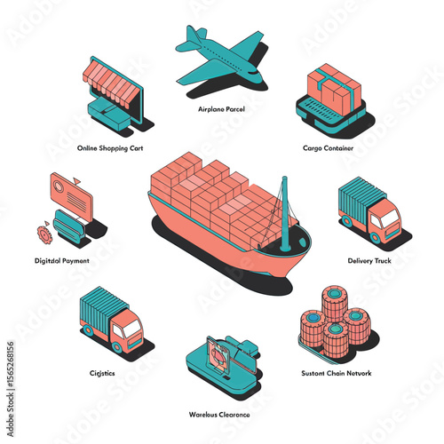2d vector illustration colorful Land and sea transport techniques, methods and technological tools for transporting and shipping goods and products and logistic 
