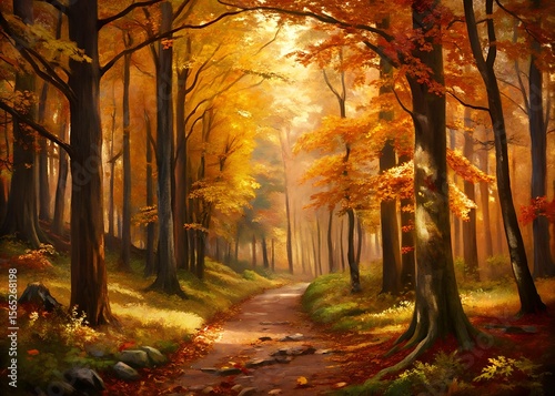 A winding forest path bathed in the warm golden light of autumn sunlight illuminating the vibrant orange and yellow leaves