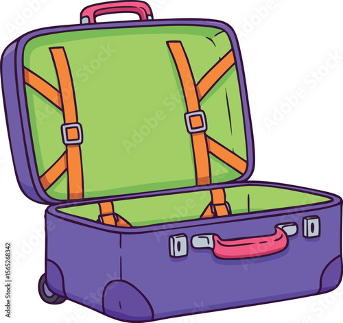 Purple and green open suitcase with orange straps travel luggage vector illustration 