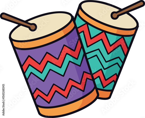 Colorful conga drums with zigzag patterns vector illustration in vibrant design style 