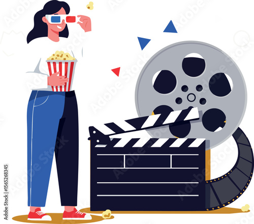 Woman watching 3D movie with popcorn and film reel vector illustration 