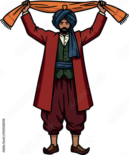 Traditional man in cultural attire holding orange scarf above head vector illustration 