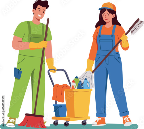 Male and Female Cleaners with Mops and Cleaning Supplies in Uniform Illustration 