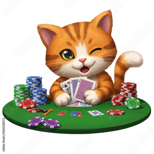 Cute Cartoon Cat Playing Poker Lucky Casino Gambling Judi Online Mascot