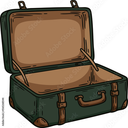 Vintage green open suitcase with brown leather straps and handles vector illustration