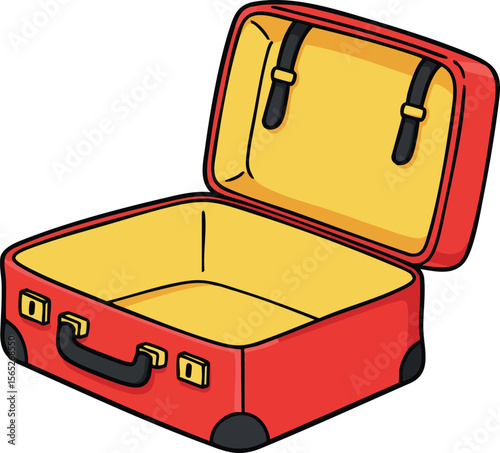 Red open suitcase with yellow interior for travel packing and storage vector illustration 