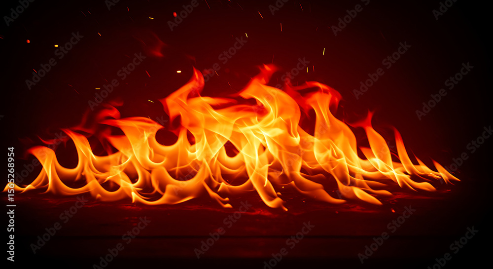 Fototapeta premium A line of intense, vibrant orange flames burning against a solid black background. A powerful symbol of fire, heat, energy, and danger. 