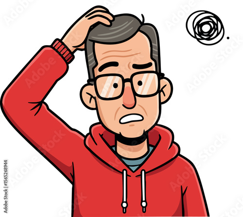 Confused man scratching head in red hoodie vector illustration with glasses and gray hair 