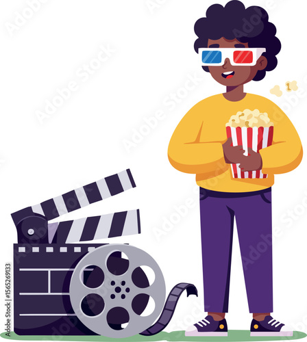 Boy wearing 3D glasses holding popcorn near movie clapperboard and film reel vector illustration 