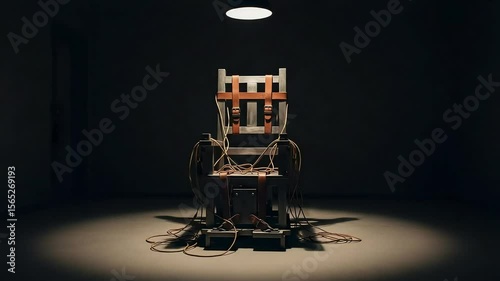 An ominous electric chair stands illuminated by a single spotlight in a dark, empty room.