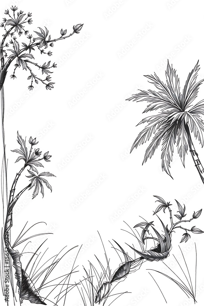 custom made wallpaper toronto digitalMonochrome Tropical Forest Sketch Border with Exotic Flora Elements
