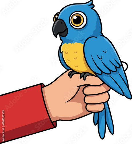Blue and yellow parrot perched on human hand cartoon vector illustration 