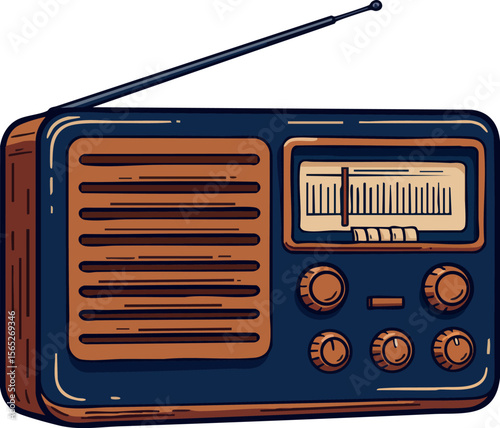 Vintage radio device with antenna and tuning dials in dark blue and brown colors vector illustration 