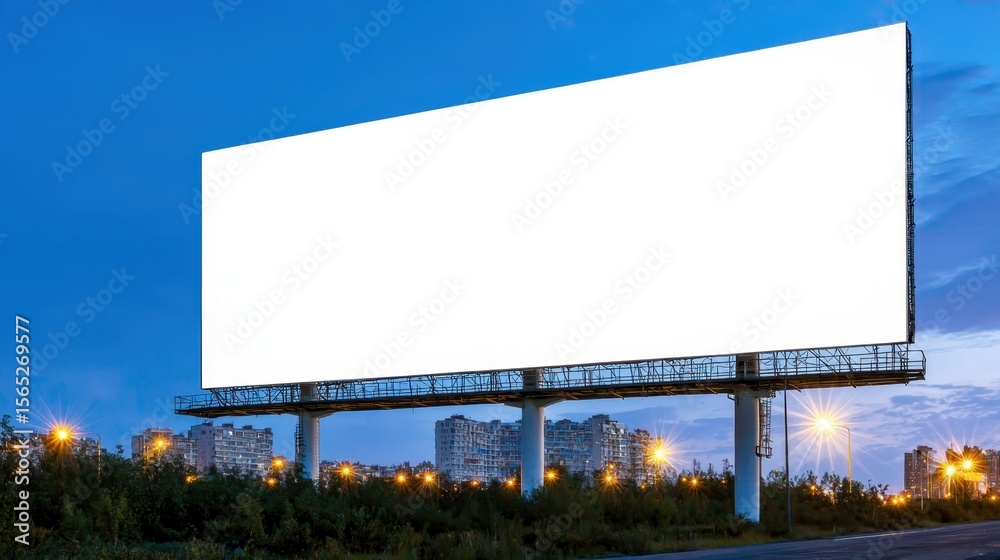 Fototapeta premium Empty advertising billboard under the dusk sky with city lights around, ideal for promotional content, marketing display, or advertising space concepts