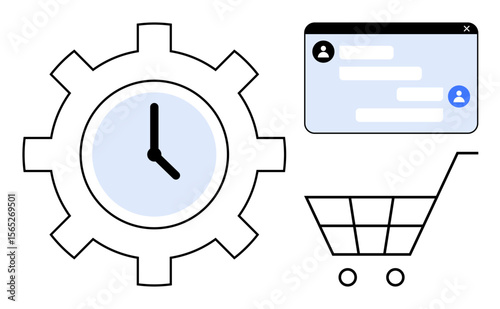 Gear with clock, chatbox with user icons, and shopping cart outline. Ideal for productivity, communication, e-commerce, time management, technology, teamwork simple landing page