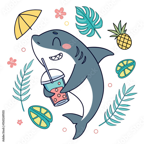 Creative SVG: Amused Shark with with a bubble tea in a Tropical Vibes colored Tropical theme