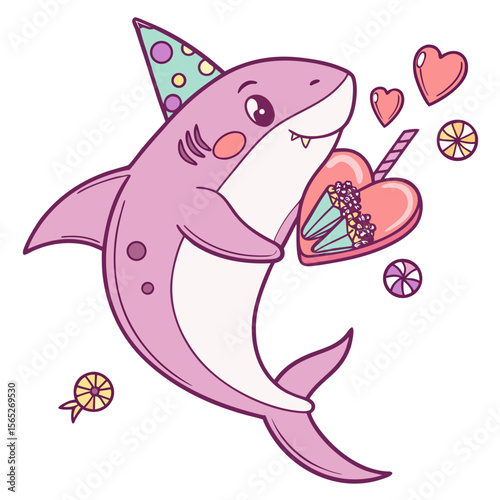 Candy Shop themed SVG: Relaxed Shark with holding a heart in a Birthday environment