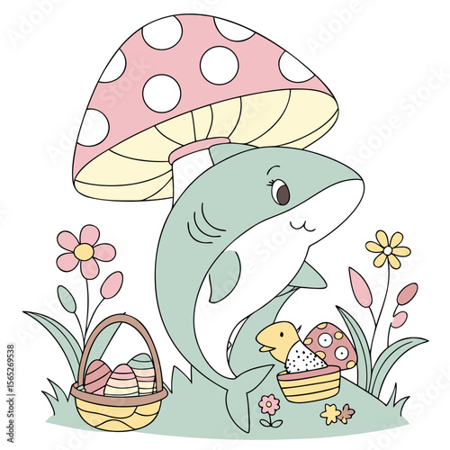 Charming SVG of a Gentle Shark featuring under a mushroom, styled in a Easter theme with Spring Bloom hues
