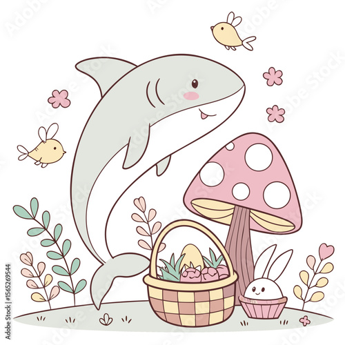 Charming SVG of a Gentle Shark featuring under a mushroom, styled in a Easter theme with Spring Bloom hues