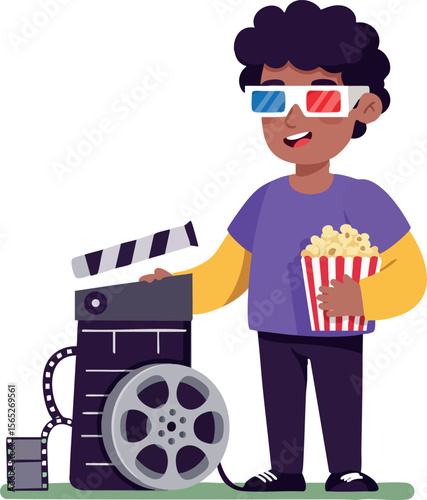 Young boy wearing 3d glasses holding popcorn standing near vintage movie camera vector illustration 