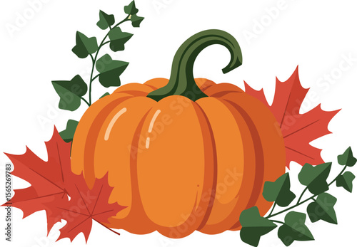 Pumpkin with autumn leaves and green vines seasonal fall harvest vector illustration 