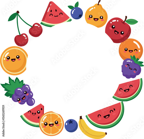 Cute colorful fruit characters circle watermelon cherry banana orange apple blueberry apricot vector illustration 