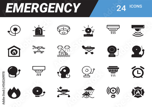 Emergency Icons: A comprehensive collection of 24 stylized icons depicting various emergency services and safety equipment, perfect for informational or instructional use.