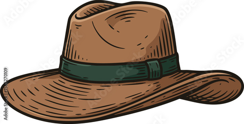Brown wide brimmed hat with green band vintage style vector illustration accessory 