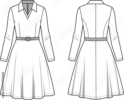 Fashion illustration of long-sleeve belted dress, front and back view, elegant design, formal wear concept, stylish clothing, apparel sketch