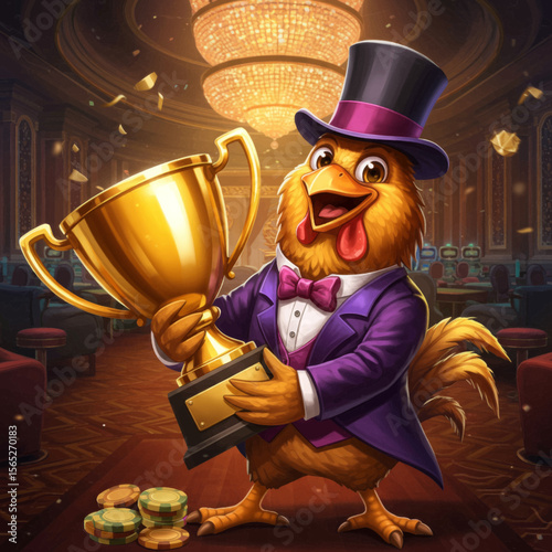 Chicken in Top Hat Holding Gold Trophy in Casino Vector Illustration