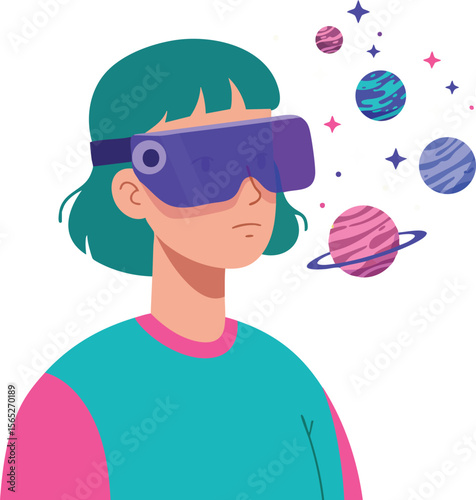 Woman wearing virtual reality headset exploring colorful planets and stars in digital space vector illustration 