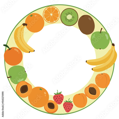 Circular arrangement of various fresh fruits including bananas oranges strawberries and kiwi vector illustration 
