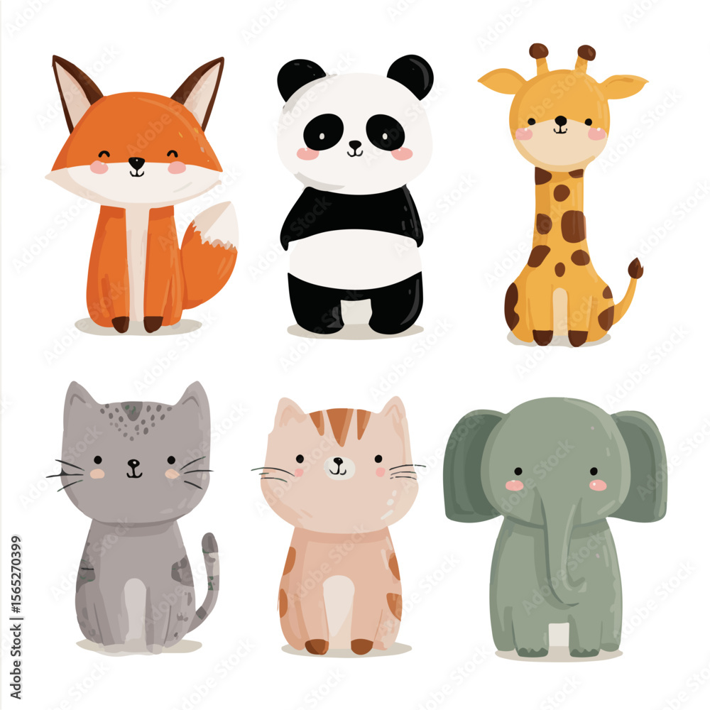 Fototapeta premium Vector Cartoon Animal Collection Featuring Fox, Panda, Giraffe, Cat, and Elephant with Simple Outlines in Sticker-Ready Style
