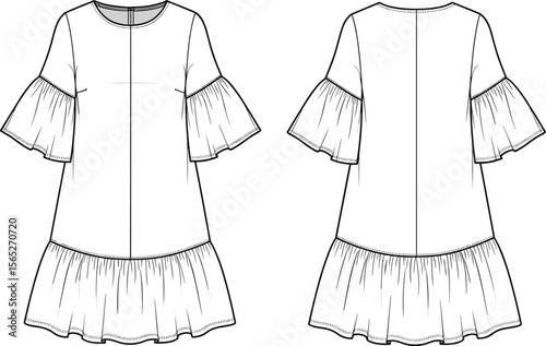 Fashion illustration of ruffle sleeve dress, front and back view, chic design, stylish sketch, elegant garment, trendy clothing concept