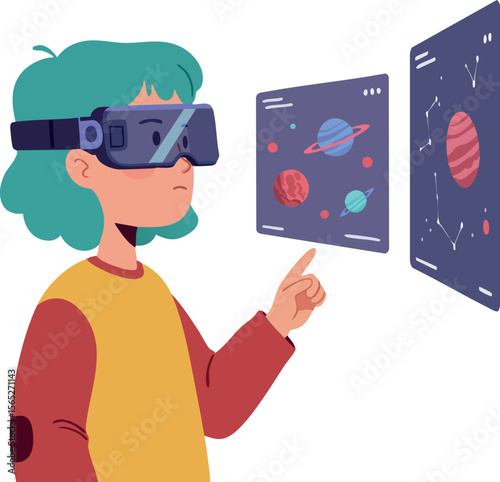 Child using virtual reality headset exploring space planets and constellations vector illustration 
