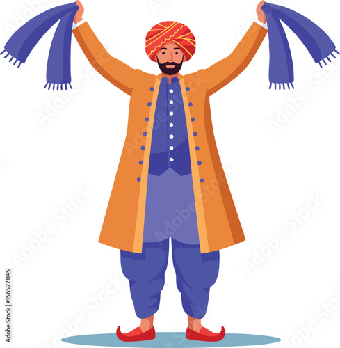 Traditional Indian man wearing turban and ethnic clothing holding scarves vector illustration 