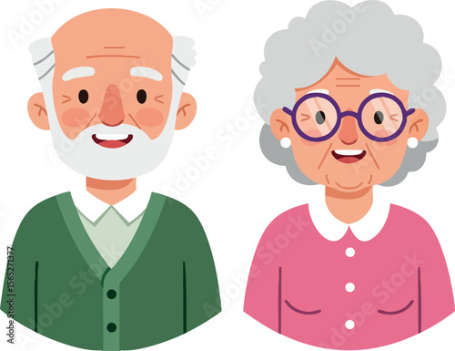 Elderly couple smiling together with grey hair and colorful clothing vector illustration 