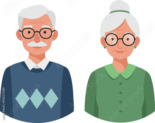 Elderly man and woman portraits vector illustration with glasses and simple clothing design 