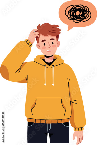 Young man confused with mental stress and tangled thoughts illustration in yellow hoodie 