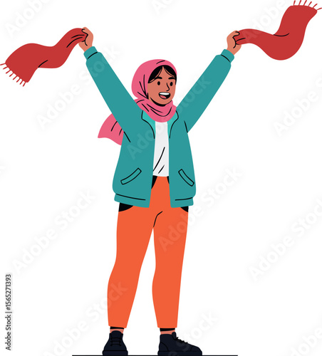 Woman Wearing Scarf and Winter Clothes Holding Red Scarf Up Vector Illustration 