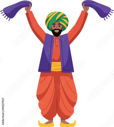 Man in traditional colorful Indian attire celebrating with raised arms and scarf vector illustration 