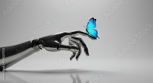 Robotic hand gently holding butterfly to illustrate harmony between technology and nature