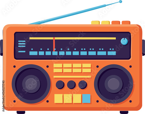 Vintage orange radio with blue antenna and black speakers vector illustration 