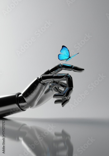 Robotic hand gently holding butterfly to illustrate harmony between technology and nature