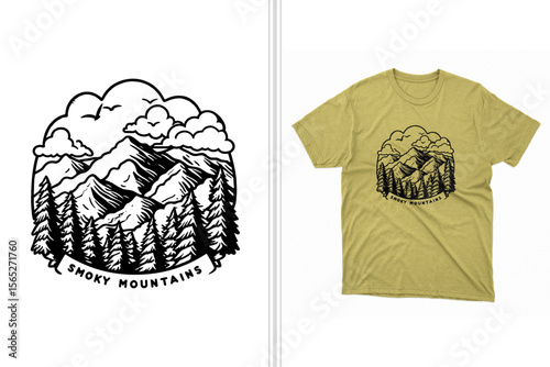 smoky mountains t shirt design vector template, outdoor t-shirt design illustration, mountain and trees outline in black