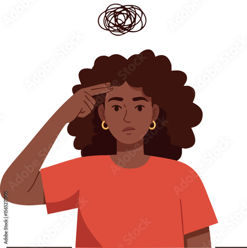 Woman with curly hair showing stressed emotion and confused thoughts vector illustration 