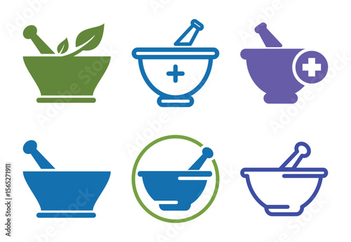 Collection of six mortar and pestle icons representing pharmacy and herbal medicine