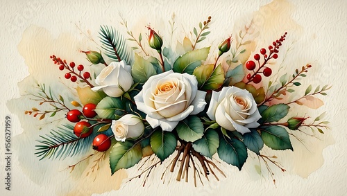 Elegant Watercolor White Rose Floral Bouquet