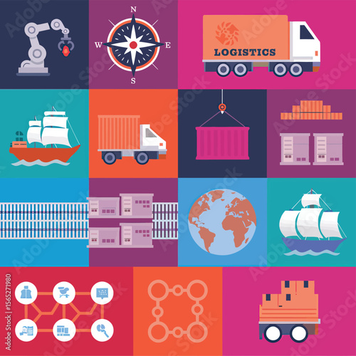 2d vector illustration colorful Land and sea transport techniques, methods and technological tools for transporting and shipping goods and products and logistic 
